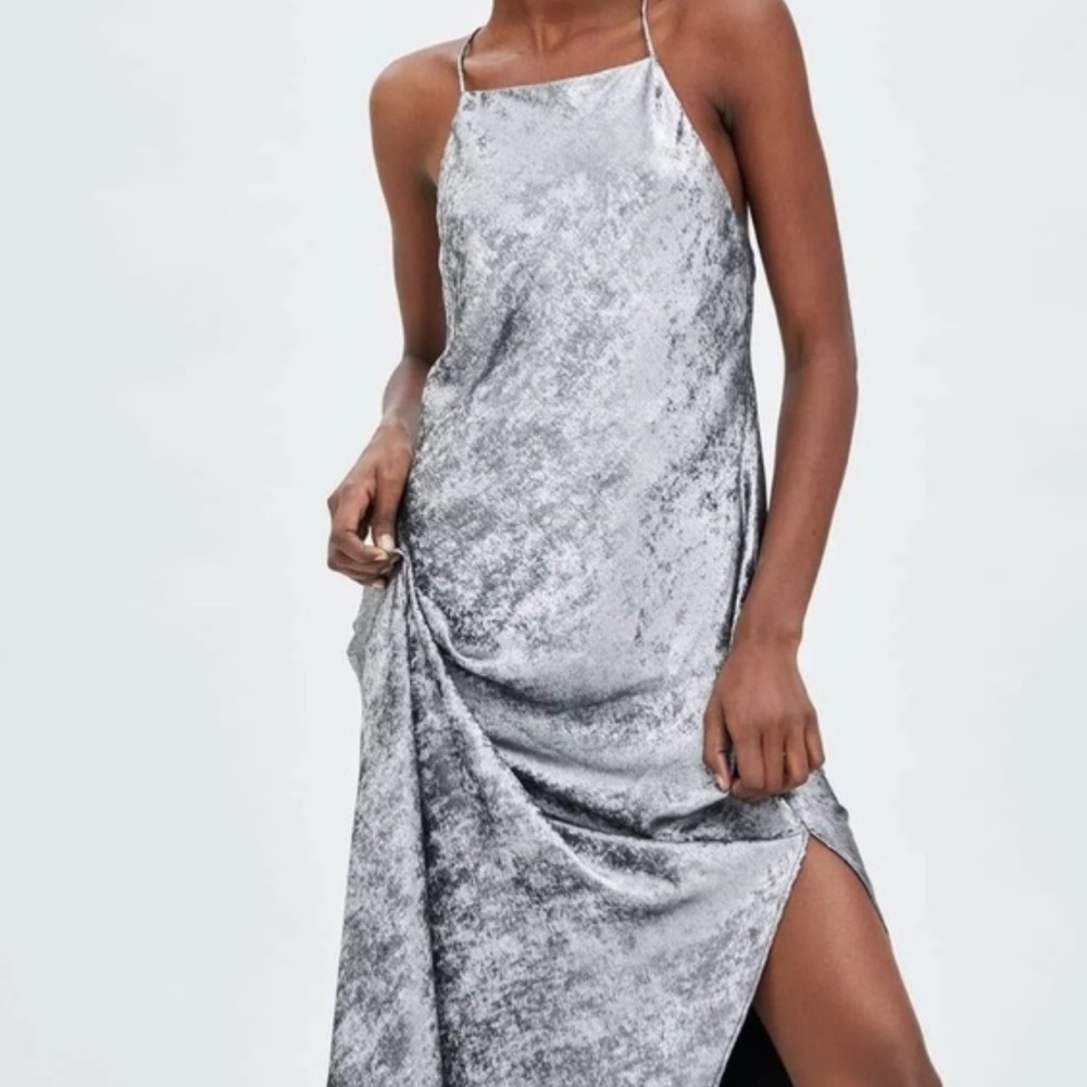 ZARA TRF Capsule Silver Silk Metallic Midi Dress